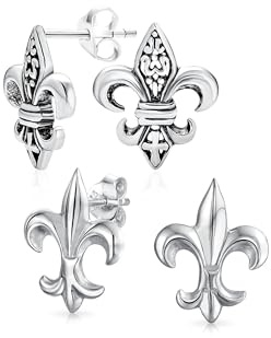 Ensemble de deux boucles d'oreilles unisexes minimalistes en forme de fleur de lys, symbole ancien, pour femmes, hommes, adolescents, en argent sterling .925 oxydé et léger.