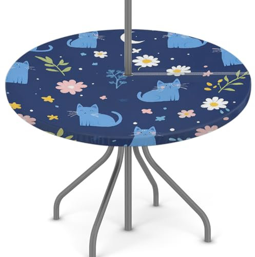 Woltant Nappe ronde avec trou de parasol et fermeture éclair facile à nettoyer avec bords élastiques - Protection de table d'extérieur pour jardin, terrasse, barbecue (chats et fleurs bleues)