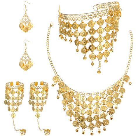 Lnngub 8 Pcs Belly Dancing Jewelry,Belly Dancer Outfit Set Including 2 Coin Bracelets 1 Coin Veil Necklace 1 Pair of Gold Boho Earrings and 1 Gold Sequins Head Accessory for Women