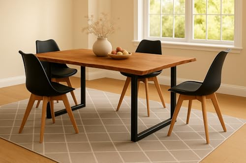 SAM 5-TLG. Essgruppe Quinn 140x80 cm Akazie Natur / 4 Stühle schwarz | massiv, Echte Baumkante, Akazienholz naturfarben, U-Gestell schwarz, Esstisch mit 4 Stühlen, Schalenstuhl, Esszimmertisch