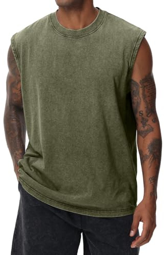 Maglietta da uomo a maniche corte estiva senza maniche, canottiera da fitness senza maniche per uomo, t-shirt senza maniche effetto lavato, allenamento, palestra, cotone, verde militare, S