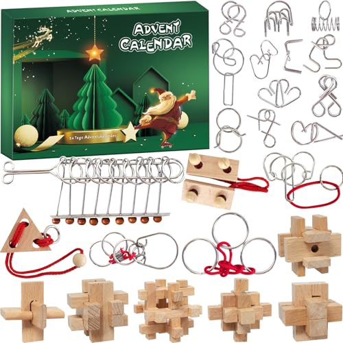 Adventskalender 2025 Knobelspiele für Kinder & Erwachsene-24 Tage von Weihnachtskalender Geschenke mit Metall Knobelei und 3D Holzk, IQ Puzzle für Jungen Mädchen Teenager1