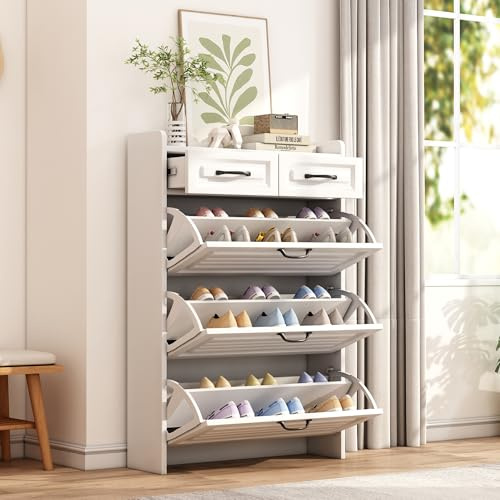 Zenithpath Schuhschrank mit 3 Klappen und 2 Schubladen, Schmaler Schuhschrank Schuhkipper Dünn Moderne Schuhkommode für Eingang Flur, 80x131x23.5cm(BxHxT)