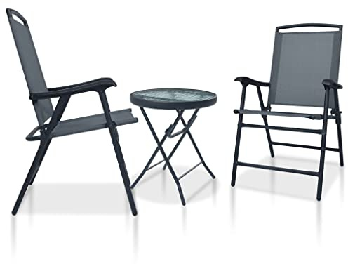 Teenpull 3-TLG. Bistro-Set Grau Stahl, klappbar für Garten, Balkon & Terrasse – Wetterfestes Outdoor Möbel-Set mit Textilene-Stühlen & Glastisch