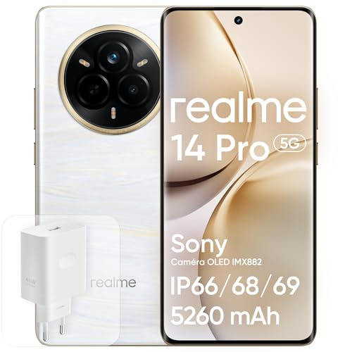 realme 14 Pro 5G, 8 + 256 GB Teléfono Móvil, Chip Dimension sity 7300, Cámara Sony IMX882 OIS 50 MP, Pantalla Curvada de 6,77 120Hz, Batería 5260 mAh, Impermeable IP69, Blanco (con Adaptador)