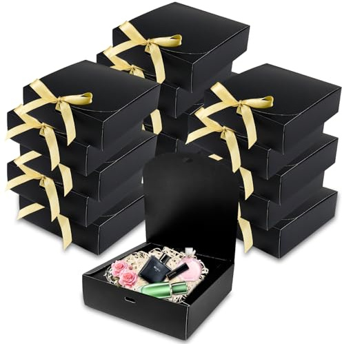 15 Stück Karton Geschenkboxen Schwarz,16x16x5cm Geschenkboxen mit Deckel und Bändern,Kraftpapier Geschenk Box zum Selber Aufbauen für Geschenke,Hochzeit,Party,Geburtstag,Weihnachten,Valentinstag