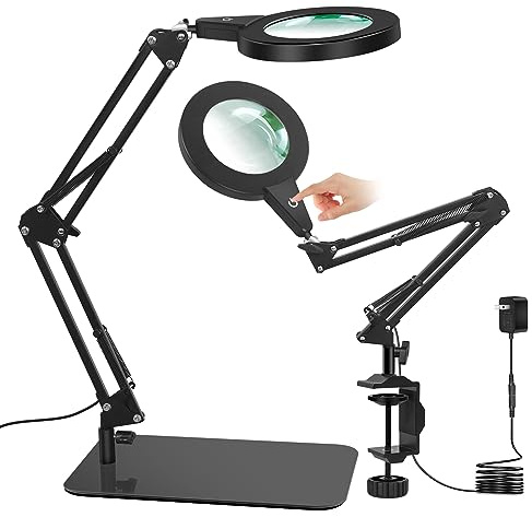 Lupenlampe mit Fuß & Klemme, Rund Lupe mit Licht, Touch-Steuerung | 2-in-1 Flexibilität,6D Glaslinse, Lesen & Handarbeit, gleichmäßiges LED-Licht für entspanntes Arbeiten