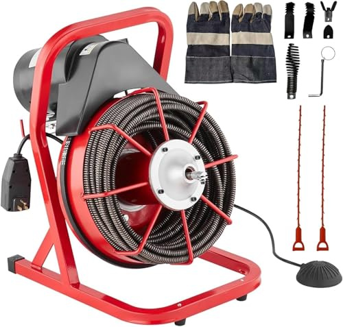 75FT x 1/2 Inch Drain Cleaner Machine, Drain Auger Manual Feed, 370W Electric Drain Snake Cleaning Machine with 4 Cutters & Air-Activated Foot Switch for 2 to 4 Pipes