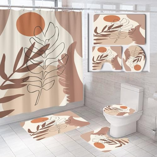 Badematten & Badteppiche Set 4 Teilig Badezimmerteppich Waschbar Badematte rutschfest,Wc Vorleger Mit Ausschnitt Badematte Und Duschvorhang,Badvorleger Toilette Teppich 50×80Cm Blätter