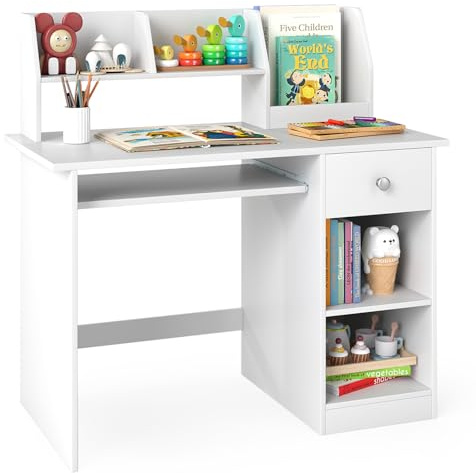 GOPLUS Kinderschreibtisch, Kinder Schreibtisch mit Bücherregal, Schublade & 4 offenen Ablagen, Kindertisch mit Tastaturablage, Jugendschreibtisch mit Kippschutz, Schreibtisch für ab 3 Jahren (Weiß)