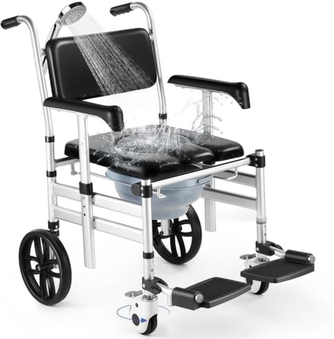 Silla de ducha plegable con ruedas, silla de transporte multifuncional de aluminio 3 en 1, silla de baño con ruedas de altura ajustable con inodoro para discapacitados y ancianos