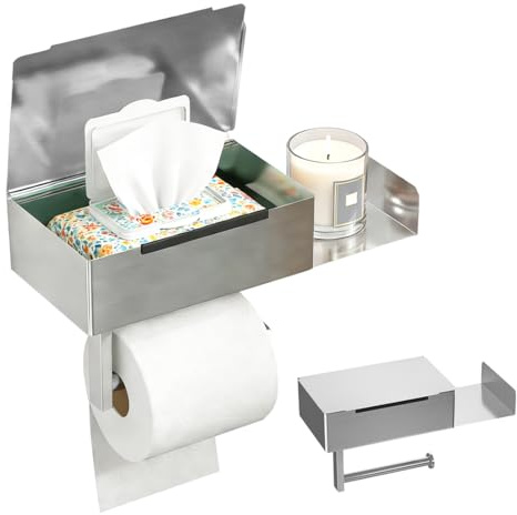 Toilettenpapierhalter mit Feuchttücherbox, Toilettenpapierhalter Ohne Bohren, Klorollenhalter mit Ablage Toilettenpapier Aufbewahrung, Edelstahl WC Rollenhalter für Toilette Küche Bad