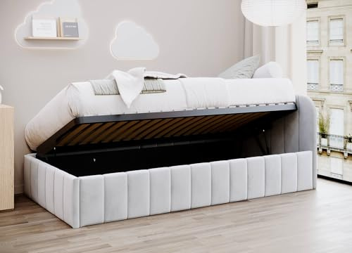 MOEBELPAKET.de Bett Mario 100x200 cm, Metallrahmen, Oeko-Tex, Beige, Rechts | Betten Mario, Polsterbett, Jugendbett mit Bettkasten, Eleganter Riviera-Stoff