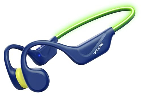 DOOGEEECO BoneBeatRunRay Cuffie Conduzione Ossea Auricolari Conduzione Open Ear BT6 Auricolari Sportive Impermeabili IP66 Luce LED di Sicurezza 10 Ore Autonomia Ricarica Rapida per Corsa Palestra -Blu