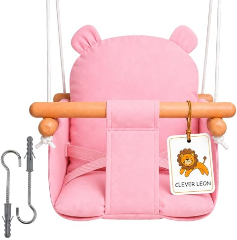 Clever Leon Columpio para bebé, diseño de oso, de algodón, madera de haya, color rosa, hasta 30 kg