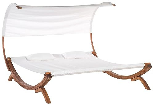 Beliani Doppelliege Gartenliege Sonnendach Liege Lärchenholz/Polyester Cremeweiß Teramo