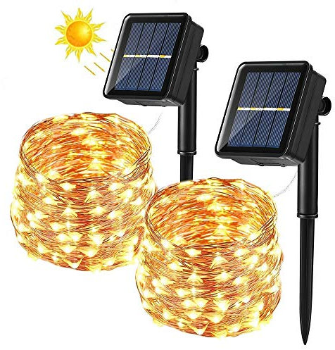 BrizLabs [Lot de 2] Guirlande Lumineuse Solaire, 14M 120 LED Guirlande Guinguette Solaire Exterieure, 8 Modes Étanche Fil de Cuivre Décoration pour Jardin Patio Cour Chambre Mariage Fête Noël
