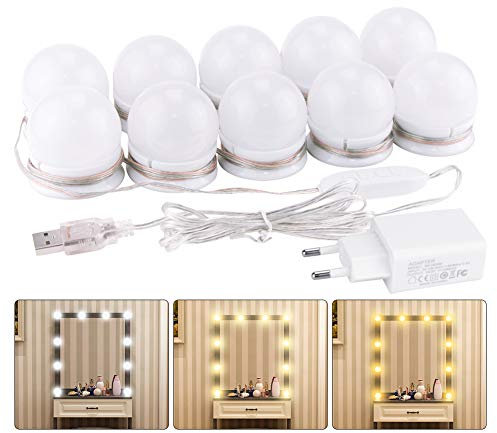 K KUMEED Lumière de Miroir, 10 Ampoules Luminaire Coiffeuse pour Chambre à Coucher, Cosmétique Salle de Bain, LED Coiffeuse Miroir Guirlande Lumineuse 3 Couleurs 10 Niveaux de Luminosité Adaptateur