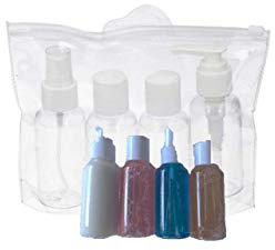 Kulturbeutel durchsichtig mit 4 Behältern (max. 100ml) | 1l Kosmetiktasche transparent Kulturtasche für Flüssigkeiten Reiseset Handgepäck für Flugzeug Reise Flaschen Handgepäck Beutel