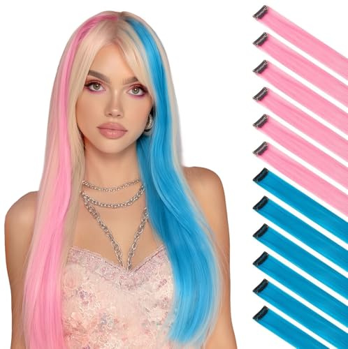 FESHFEN Extension de Cheveux Colorés, Couleur Rose Bleu Extensions de Cheveux 12 PCS Naturel Synthétique colorés Postiche Cheveux Long Raides Extensions de Cheveux pour Femmes 55 cm