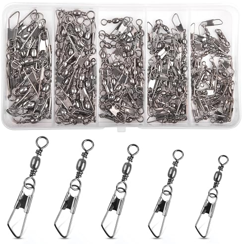 JSHANMEI 150stk Angeln Wirbel Set mit Clips Tönnchenwirbel Karabiner Schnapp Wirbelsortiment Angelwirbel Kugellagerwirbel Angelzubehör Set (Barrel Wirbel+A Snaps Kit)