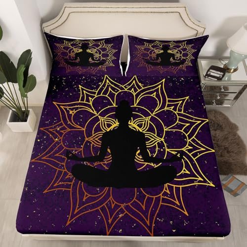 Feelyou Women Bedding Set for Girls Adults Boho Mandala Bed Sheet Set Purple Galaxy Fitted Sheet Room Decor Chic Golden Bohemian Zen Spiritual Bed Cover Queen Size 3Pcs