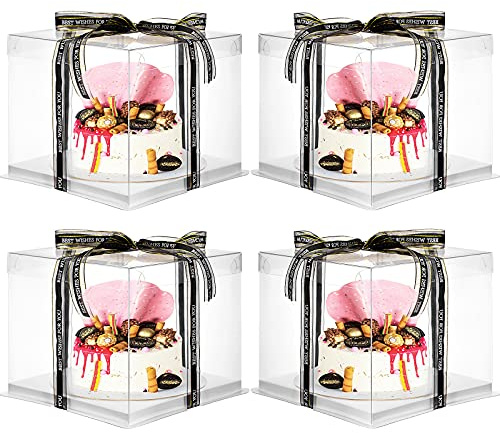 Jetec 4 Pcs Clear Cake Box with Ribbon 10 x 10 x 9 Inch Transparent Tall Cake Carrier Box with Lids Pet Clear Gift Boxes for 8 Cake Packing Carry Wedding Birthday Anniversary Baking Display Pack