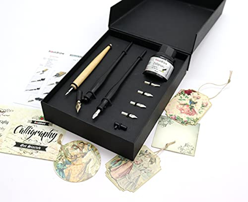 Liquidraw Kalligrafipennor set dopp penna spetsar hållare set med svart kalligrafibläck för konstnärer, nybörjare, vuxna och barn