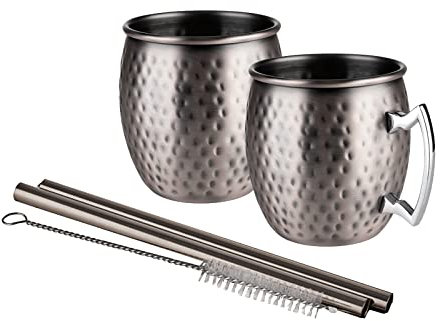 Moscow Mule Cocktail Set, 2x Becher in Edelstahl antik mit Metall Strohhalm