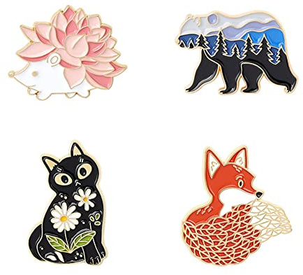Chichengnian Emaille-Anstecknadeln, Motiv: Wald, Garten, Fuchs, Katze, Bär, Igel, Tasche, Brosche, Cartoon, Tierabzeichen, Schmuck, Geschenk für Kinder und Freunde, 4 Stück, Legierter Stahl