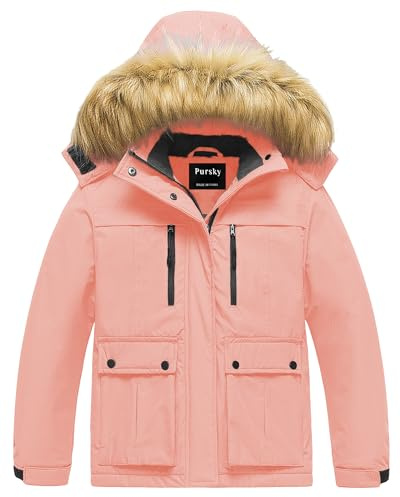 Pursky Girls' Waterproof Ski Jacket Children's Winter Snow Coats Fleece Raincoat Parka, pink, 10-12 Jahre