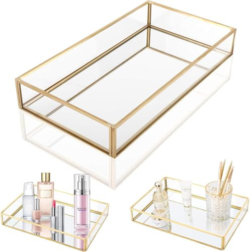 BBAOO Vintage Spiegel Tablett Gold, 25 x 18 x 4.5cm, Rechteckig, Zum Platzieren Von Parfüm, Schmuck, Kosmetik, Gelb