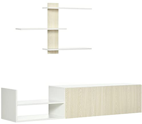 HOMCOM Mueble de Salón para TV Conjunto Mueble de TV con Mesa para Televisor 150x31,5x40 cm y Estante de Pared 95,5x16x60 cm Estilo Moderno Natural