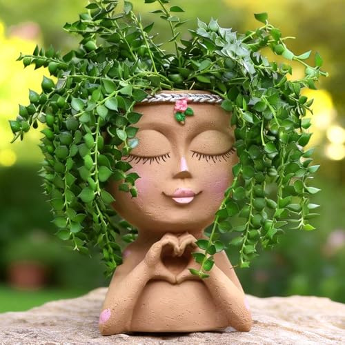 Meltset M Maceta facial con manos de corazón, maceta de resina para plantas de interior, bonitas macetas suculentas con agujero de drenaje, regalos de jardinería para mujeres, mamá, maestra