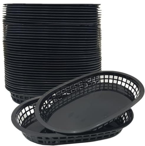LyyGuanYoo 40 Pack Fast Food Baskets, Reusable Deli Fast Food Storage Basket, 10.5 x 7 Inch Black Plastic Baskets, Foods Service Tray Holde for Easter, Fruit, Hot Dogs, Burgers, Fries, Snacks,Picnic