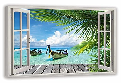 HUBDECO Leinwandbild Fensterblick Palmen und Boote 100x70 cm - Landschaftsbilder auf Leinwand - Wandbilder Wohnzimmer - Bild Fenster mit Ausblick - Aesthetic Room Decor - Wanddeko Schlafzimmer