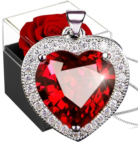 Rosa Stabilizzata Vera Rossa con Collana Argento 925,Rosa Etern Box con Rubino Collana Donna Cuore,Scatola Regalo con Rose,Pendente Cuore Rosso Regalo per Natale,Mamma,San Valentino,Anniversario