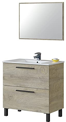 HOGAR24 ES Mueble de baño de 80 cm de Ancho con 2 cajones y Espejo. Color Roble Alaska. Lavabo no Incluido.