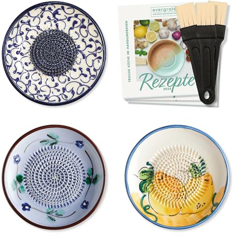 evergrate Keramikreibe 3er Verschenkset - Celia, Flora, Melissa mit Küchenpinseln und Rezeptheften