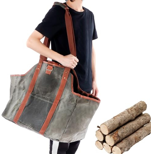 Topyond Waxed Canvas Log Carrier Tote Bag with Padded Handles and Shoulder | Heavy Duty Log Tote Bag For Camping, Large Capacity for Fireplaces, Wood Stoves, Convenient Side Pockets Easy To Clean