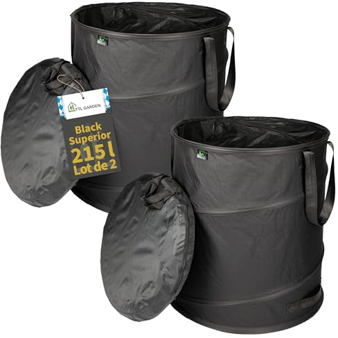 TTL GARDEN 2x215L Pop Up Gartensack BLACK SUPERIOR DOPPELTER BODEN 260gsm | - 2er Set 215 Liter Gartenabfallsack Laubsack faltbar Grünschnitt Garten Abfall selbstaufstellend extra stabil 600D Oxford