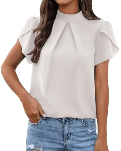 Arevill Blusa de manga corta para mujer, túnica de verano, cuello alto, gasa, parte superior, informal, plisada, elegante, con volantes, trim, camisa para mujer, monocolor, Blanco, M