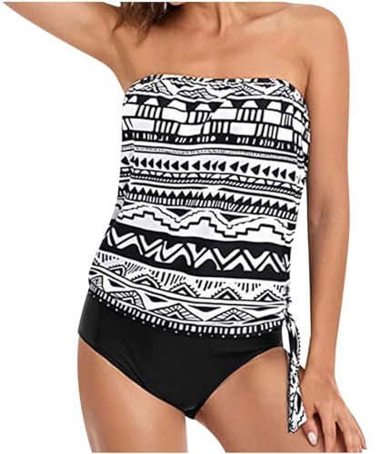 Bandeau - Traje de baño para mujer, tankini de dos piezas sin tirantes, con control de abdomen, estampado vintage, camiseta sin mangas y pantalones cortos, traje de baño de cintura alta, blanco, S