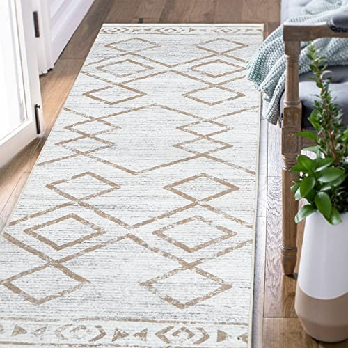 TOPICK Läufer Flur Waschbar Küche Läufer Modern Geometrischer Teppich Dünner Antibakterieller Faltbar rutschfest Teppich für Brücken Schlafzimmer Wohnzimmer Tisch Flur Eingangsbereich 60x150cm Taupe
