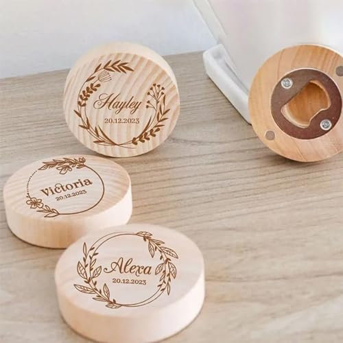 PGORSDOR Abrebotellas de madera personalizado, abrebotellas de boda, abrebotellas personalizados para invitados, abrebotellas grabados con láser personalizados (50 unidades)
