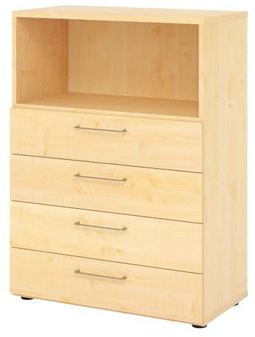 bümö smart Schubladenschrank, Büroschrank 80cm breit in Ahorn mit 4 Schüben & 1 Regalfach - Bürocontainer aus Holz, Container mit Metallgriffen & Soft-Stop Schubladen