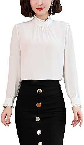 e-girl Chemise en Soie Blanc Unie Manches Longues Col Montant Blouse À Pulls Soie Femme,XL,S1906