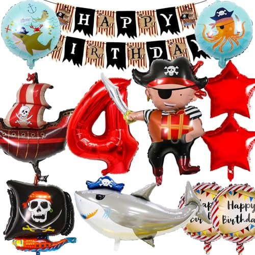 Hierein Piraten Kindergeburtstag 4 Jahre, 12 Stück Piraten Deko Kindergeburtstag Luftballons, XXL Piratenschiff Folienballon Geburtstag Deko für 4 Jahre Geburtstag Junge Kinder, Party Deko