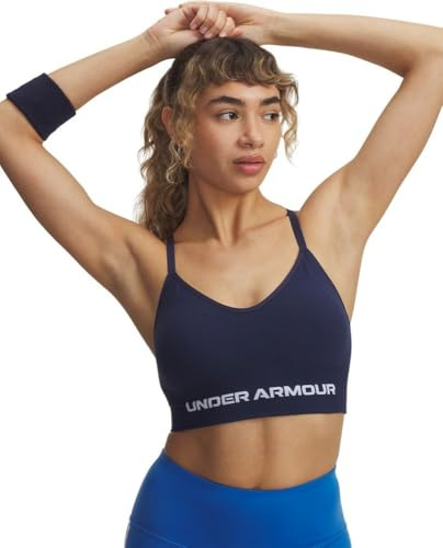 Under Armour Mujer Vanish Seamless Low Bra, Sujetador Deportivo de bajo Impacto para Entrenamiento, Yoga y Pilates, Top Deportivo de Gimnasio con Copas extraíblesWashed Navy / / White,MD