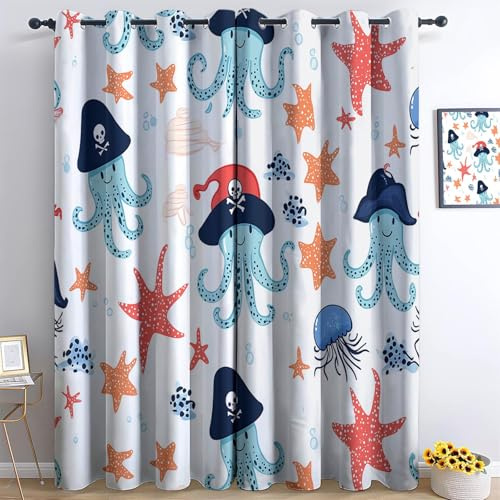 Weiß Blickdichte Gardinen mit Ösen, Vorhänge Thermo H 200 x B 70 cm (2er Pack) für Kinderzimmer Schlafzimmer Wohnzimmer, Vorhang Cartoon Niedlich Piraten Oktopus Muster